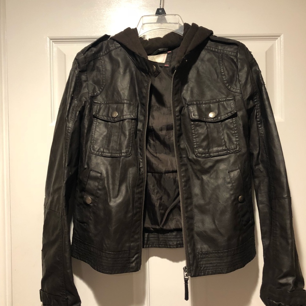 Leather jacket with hood